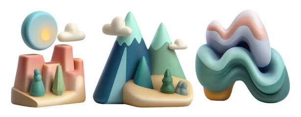 Naklejka premium Retro 3D Mountain Scenes with Colorful Shapes and Vintage Style Elements