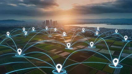 Aerial view of location pins connecting vast farmlands and a glowing urban city skyline at sunset, concept for smart agriculture system, logistics management and geospatial business analysis