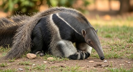 Giant anteater walking through grassland with long snout and bushy tail. A unique insect-eating mammal known for its striking appearance and slow, deliberate movement.