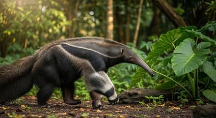Giant anteater walking through grassland with long snout and bushy tail. A unique insect-eating mammal known for its striking appearance and slow, deliberate movement.