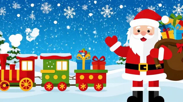 Festive nutcracker and gifts with snowfall in winter scene