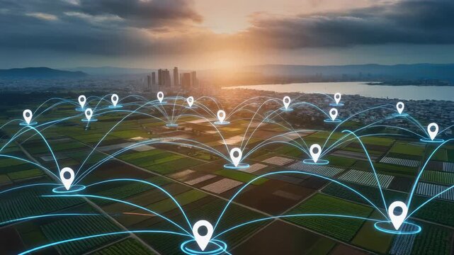 Aerial view of location pins connecting vast farmlands and a glowing urban city skyline at sunset, concept for smart agriculture system, logistics management and geospatial business analysis