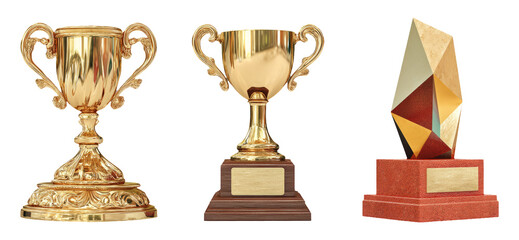 Three Distinct Trophies Representing Achievement, Excellence, and Recognition in Business
