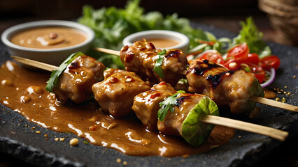 Delicious chicken satay skewers with peanut sauce and fresh salad