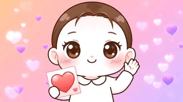 Adorable Little Girl in Valentine Day Pajamas with a Heart Card Cartoon Animation: Perfect for Children's Content and Gifts!