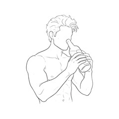 Continuous line drawing of a man holding a bottle. Vector minimalist black and white one line art illustration of a male figure drinking alcohol or water.
