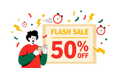 Flash Sale 50% Off Announcement With Stopwatch Icons, Lightning Bolts, And Confetti For Marketing And Promotion