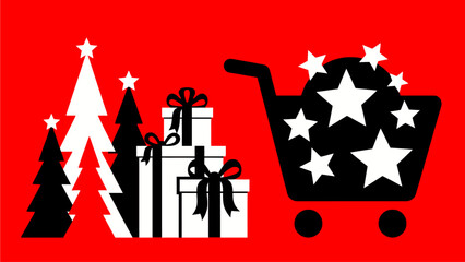 Christmas shopping cart filled with gifts and stars, alongside decorated pine trees on a red background, conveying holiday cheer and seasonal sales