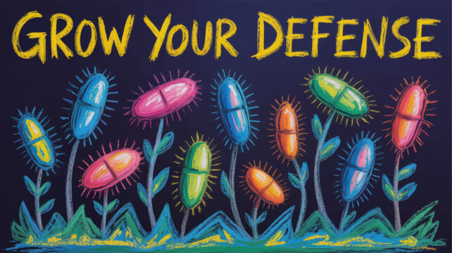 Colorful probiotic capsules as blooming flowers illustration, grow your defense immune support concept on dark blue background