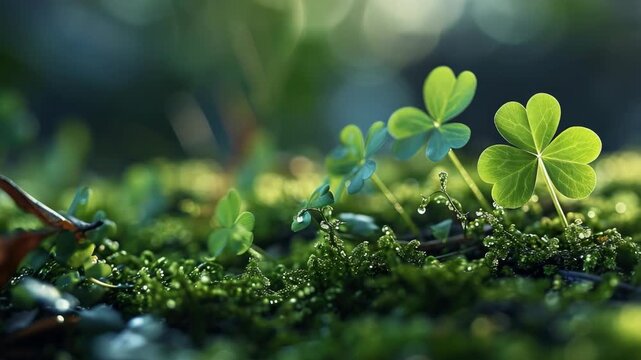 A vibrant scene of nature's beauty where the droplets reflect light on lush green moss and small four-leaf clovers.