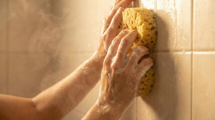 Hands washing a wall with a sponge in a steamy shower  