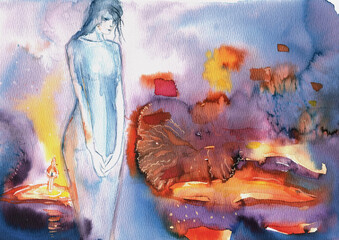 Symbolic Watercolor Woman Illustration, Hand Painted Figurative Female Artwork
