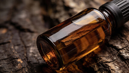 Amber essential oil bottle on rustic wood background  
