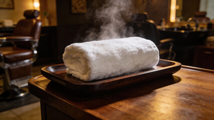 Steamed towel on wooden tray in stylish barber shop setting  