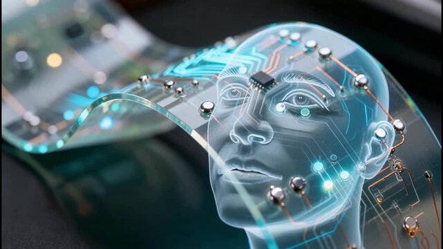Futuristic transparent circuit board forms a digital human head with glowing lines