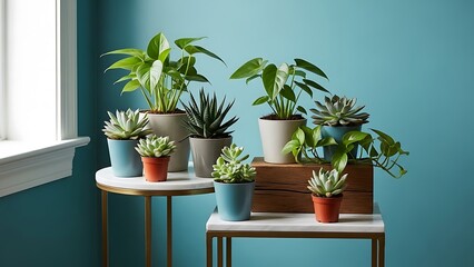 A collection of various green houseplants in colorful pots on tables by a window.