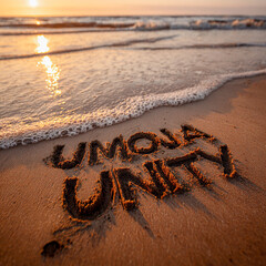 Umoja Unity Carved in Strong Block Letters into Wet Sand Close-Up with Golden Peach Glow and Approaching Tide Foam &ndash; perfect for cultural celebrations