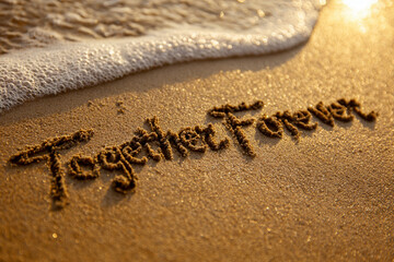 Together Forever Written in Elegant Script into Wet Sand Close-Up with Golden Light, Sun and Photorealistic Tide Foam &ndash; ideal for romantic anniversary gifts