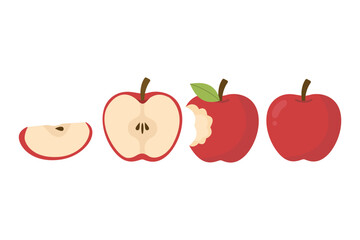 Red Apple Fruit Set. Whole, Sliced, and Eaten. Suitable for clip art, stickers, flat design illustration, etc