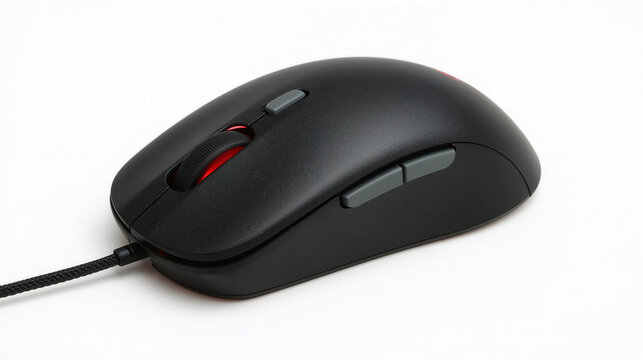 Mouse da computer nero con cavo e pulsanti laterali isolato su sfondo bianco. Generative AI