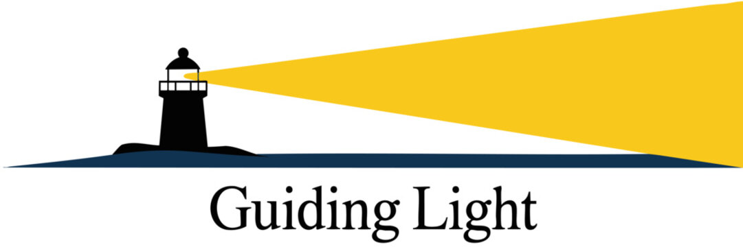Minimalist lighthouse logo with bright yellow guiding beam over dark blue sea and elegant Guiding Light typography on transparent background