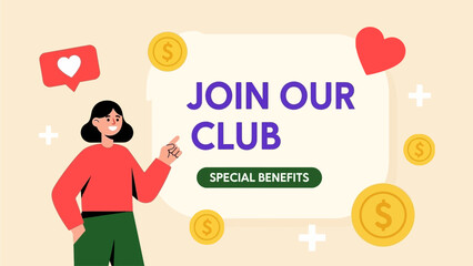 Vibrant illustration of a smiling woman inviting individuals to join an exclusive club, highlighting special benefits, rewards, and valuable community membership opportunities