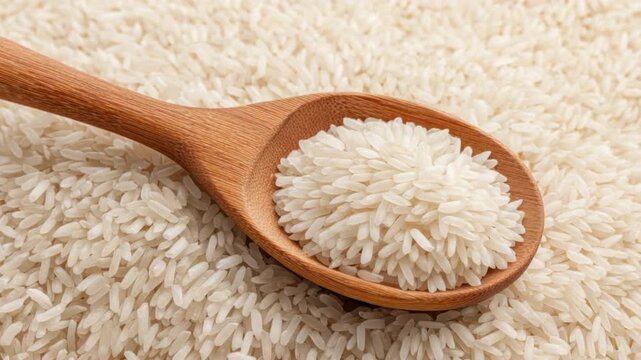 Close-Up View of Uncooked White Rice on Wooden Spoon Against Background of Raw Rice Grains Spread on Surface 4k video footage