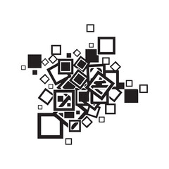 Abstract geometric background with a chaotic pattern of scattered black squares and overlapping frames on white
