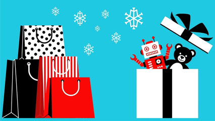 Festive holiday shopping bags and a surprise toy robot gift in a box with snowflakes, celebrating the joy of gifting and winter celebrations