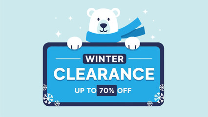 Charming Winter Clearance Sale Promotional Banner Featuring an Adorable Polar Bear Mascot with Special Discounts and Savings