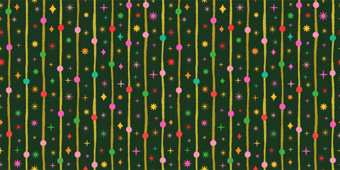 Fototapeta premium Colorful dots, stripes, sparkles and stars on dark background, Cute Christmas or birthday vector seamless pattern for banners and package design