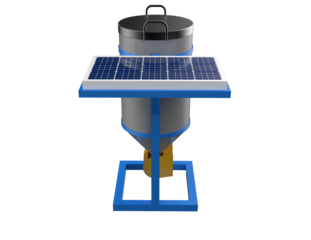 Smart Farming Solution, IoT, AI, Sustainability: Digital Rendering of a PV Solar Cell Powered Automatic Directional Fish Feeder. Essential Modern Technology for Commercial Aquaculture Efficiency.