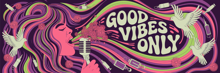 Fototapeta premium Psychedelic woman singing into retro microphone with flowers, doves and vibrant neon waves, inspirational good vibes only poster