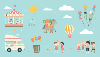 Obraz premium Vibrant Summer Funfair Scene with Children, Carousel, and Balloon Ride Illustrations
