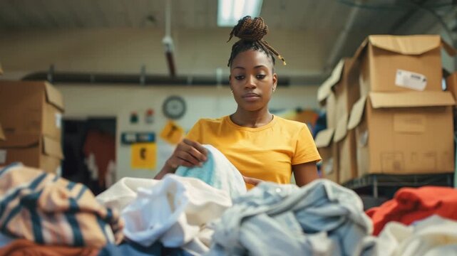 Woman in yellow shirt sorting donated clothes in warehouse with boxes and other items.