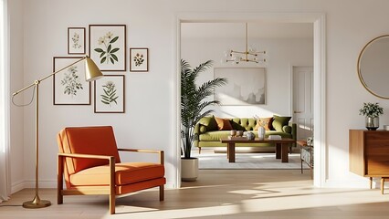 Fototapeta premium Cozy Living Room with Orange Armchair and Botanical Wall Art.