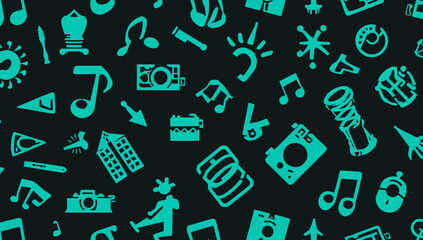 Dynamic seamless pattern featuring a diverse collection of teal creative, media, and abstract icons on a contrasting dark backdrop, ideal for modern design applications