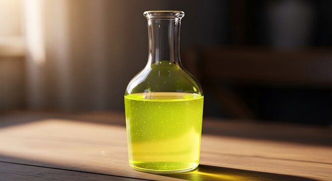 Illuminated elixir in glass carafe casting shadows on a wooden surface