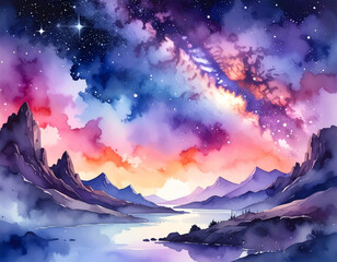 Mysterious watercolor painting of the galaxy and stars in space seen from a mountain in the night sky