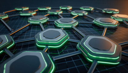 Futuristic Artificial Intelligence Workflow Interface with Connected Automation Nodes and Glowing Green Data Flow on Dark Background, Advanced Machine Learning and Digital Process Technology Concept