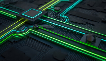 Futuristic Artificial Intelligence Workflow Interface with Connected Automation Nodes and Glowing Green Data Flow on Dark Background, Advanced Machine Learning and Digital Process Technology Concept