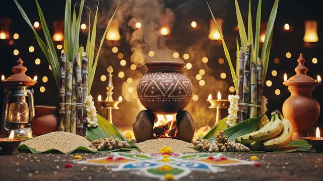Vibrant Pongal Celebration Setup with Boiling Pot and Sugarcane