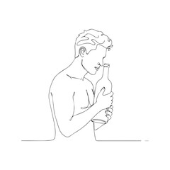 Continuous line drawing of a man holding a bottle. Vector minimalist black and white one line art illustration of a male figure drinking alcohol or water.
