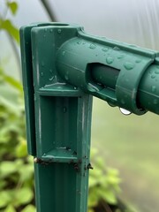 Close-up of green plastic greenhouse support covered in water droplets