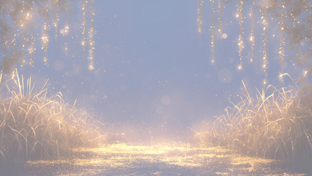 Magical night grass field with golden glowing particles