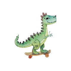 Obraz premium Whimsical green dinosaur with spiky back riding a skateboard, watercolor illustration for children's entertainment and playful design