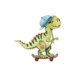 Obraz premium Charming watercolor illustration of a cool green cartoon dinosaur wearing a blue baseball cap, skateboarding with a playful smirk, ideal for children's designs and playful themes