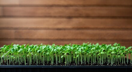 Vibrant green microgreens grow densely in a black plastic tray filled with rich soil, set against a warm, horizontally slatted wooden background.