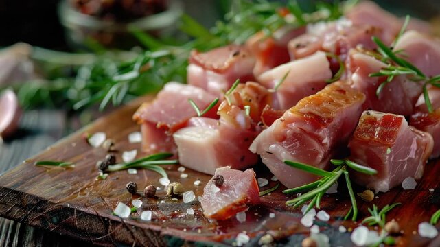 A selection of cured meats with herbs and salt on a cutting board.