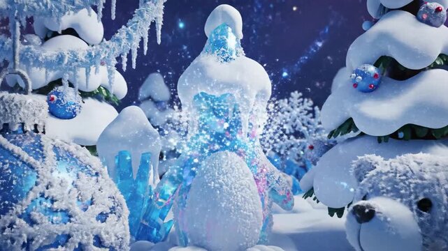 Winter wonderland scene featuring snow covered trees decorative items and polar bear statue